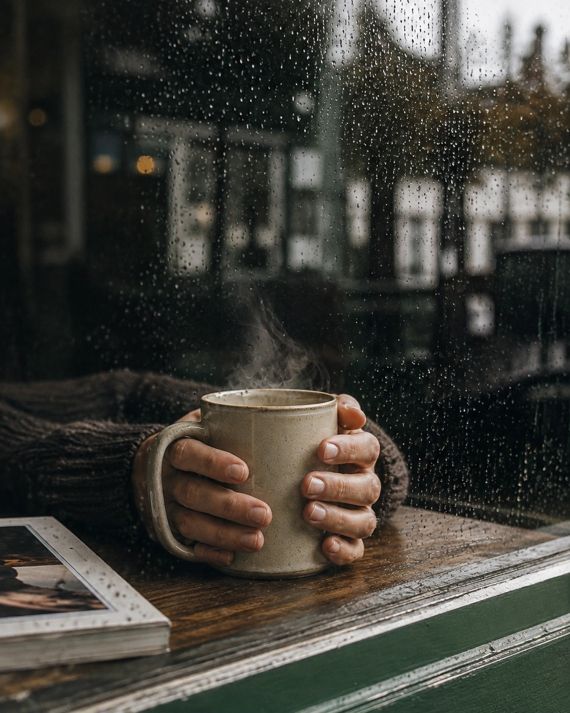 A quiet coffee beside a rain-covered window