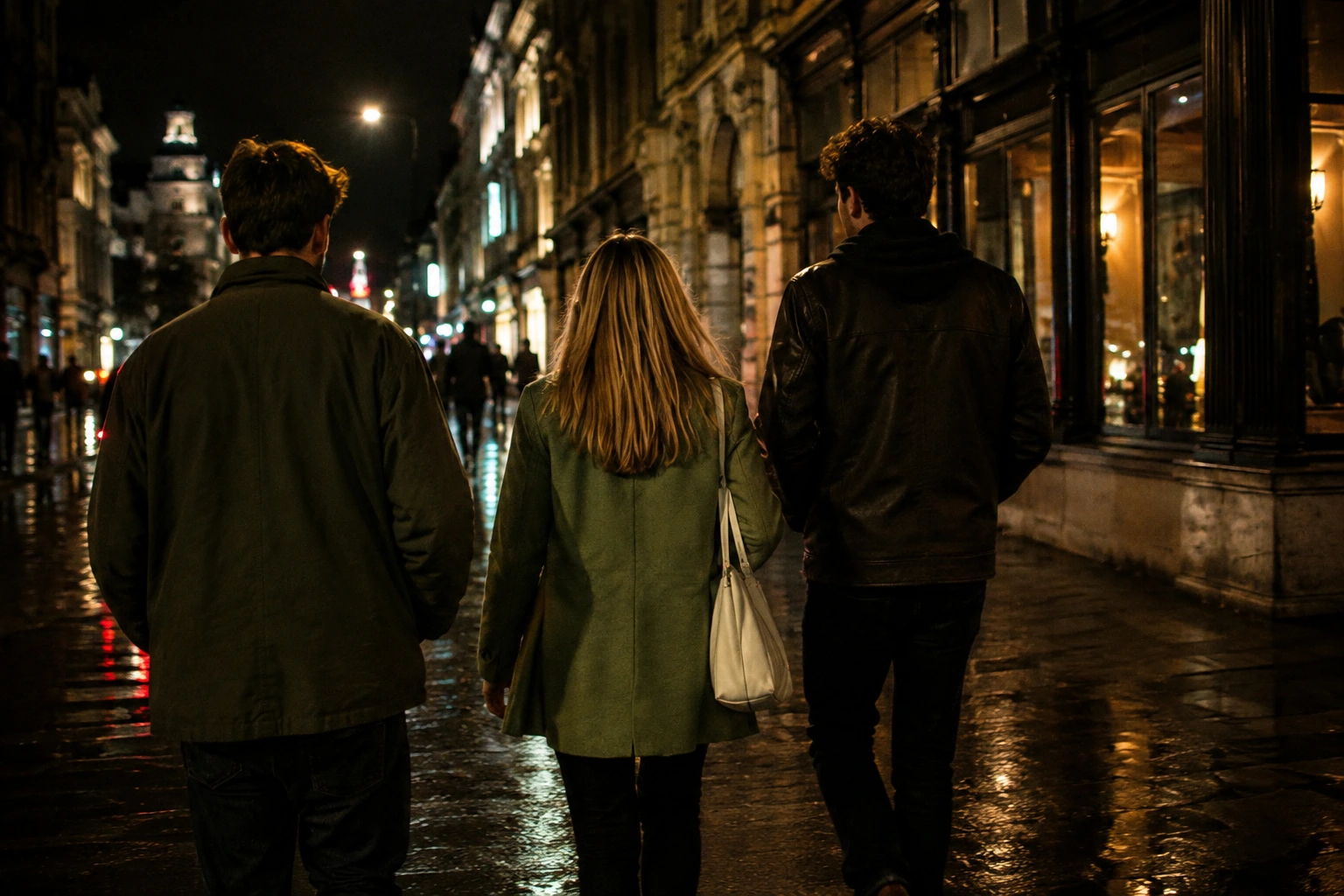 Friends walking through a city at night